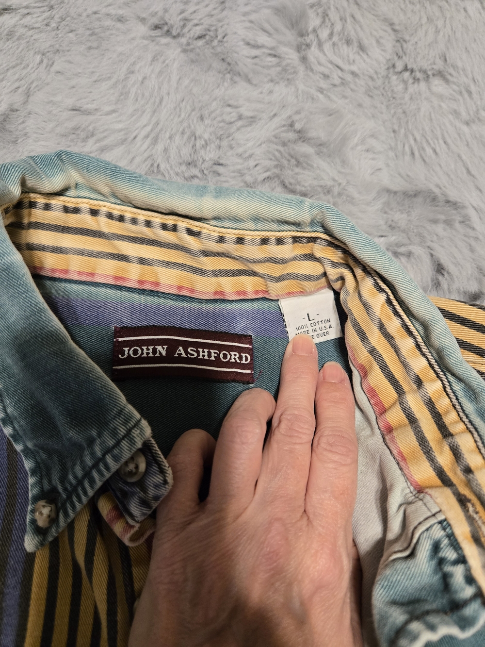 John Ashford Men's Striped Button-Up Shirt in Teal and Yellow